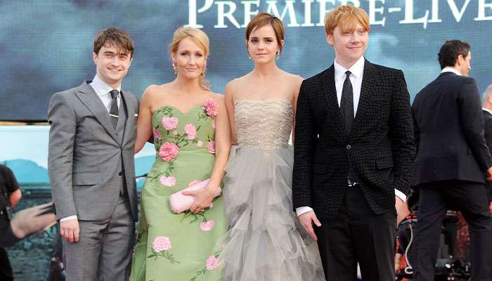 J.K. Rowling with Harry Potter and Emma Watson